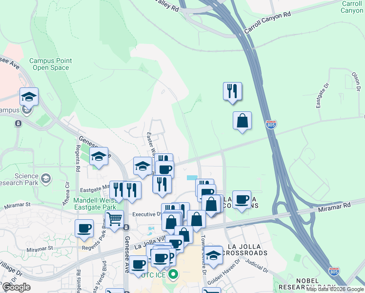 map of restaurants, bars, coffee shops, grocery stores, and more near 9520 Towne Centre Drive in San Diego