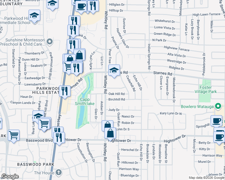 map of restaurants, bars, coffee shops, grocery stores, and more near 5916 Hickoryhill Road in Watauga