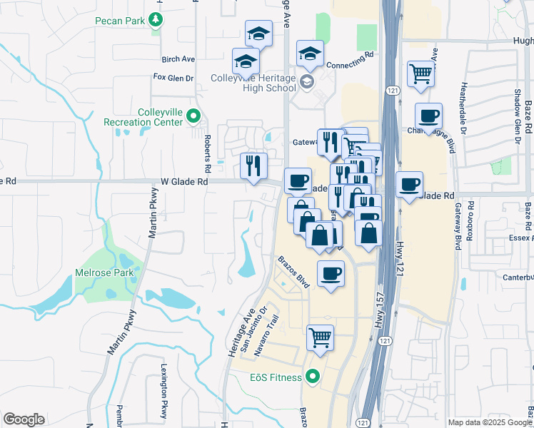 map of restaurants, bars, coffee shops, grocery stores, and more near 4816 Lafite Lane in Colleyville