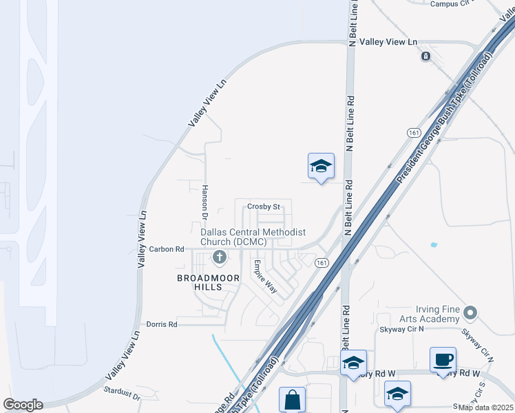 map of restaurants, bars, coffee shops, grocery stores, and more near Crosby Street in Irving