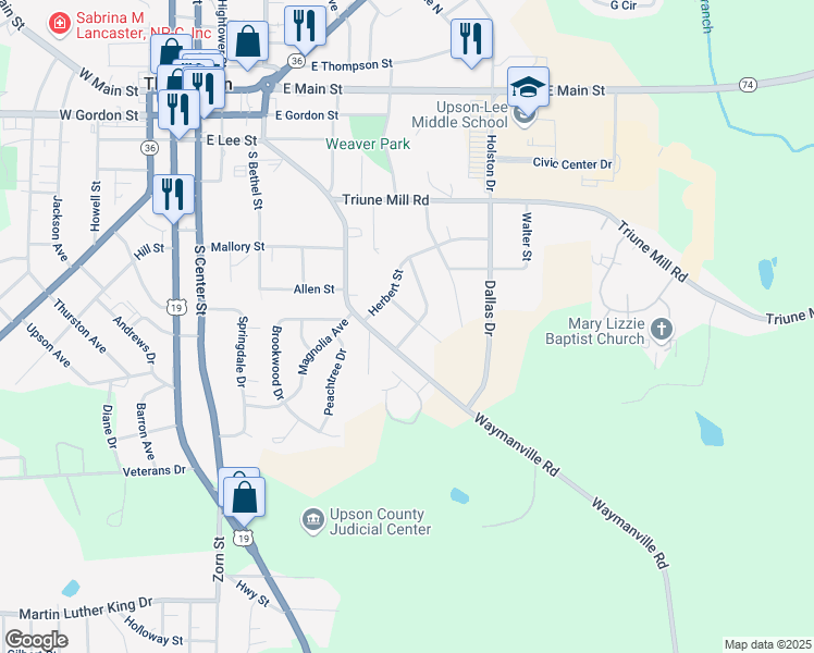 map of restaurants, bars, coffee shops, grocery stores, and more near 105 Jefferson Street in Thomaston