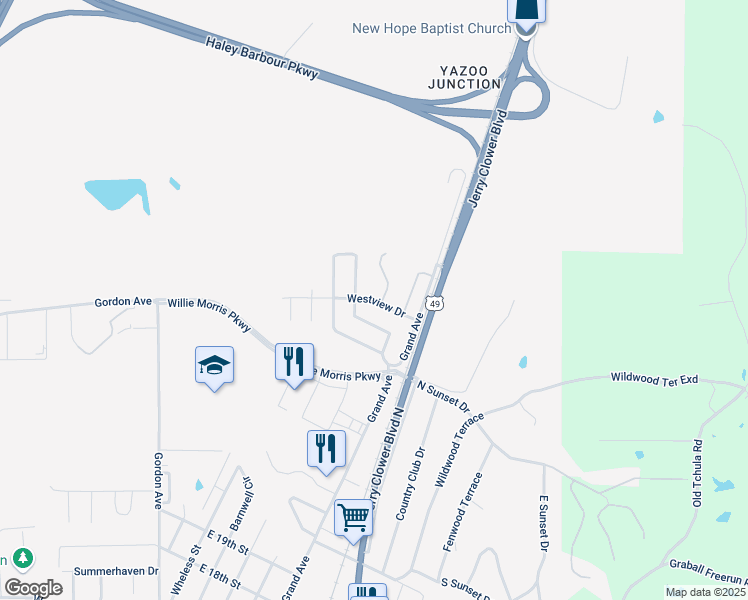 map of restaurants, bars, coffee shops, grocery stores, and more near 480 Westview Drive in Yazoo City
