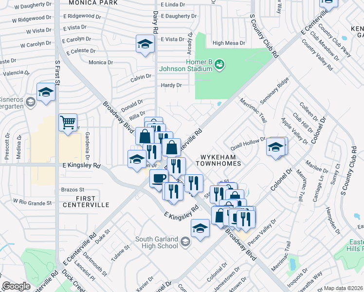 map of restaurants, bars, coffee shops, grocery stores, and more near 909 East Centerville Road in Garland