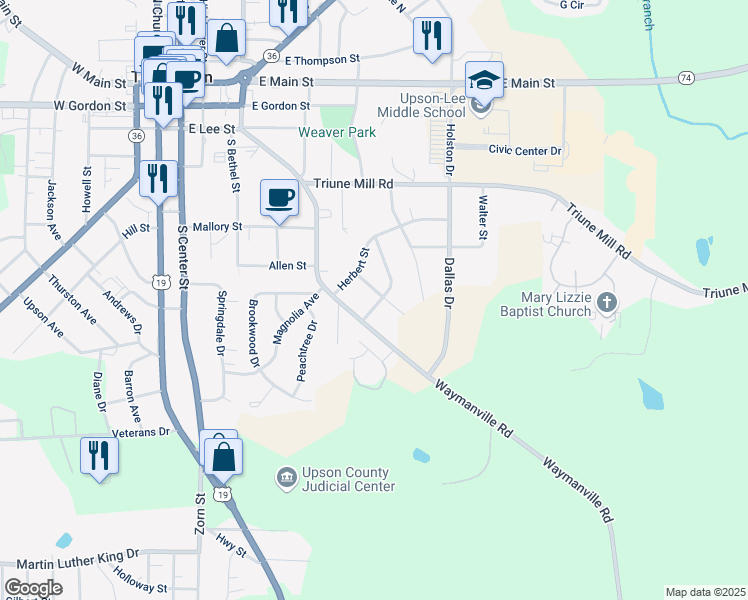 map of restaurants, bars, coffee shops, grocery stores, and more near 105 Jefferson Street in Thomaston