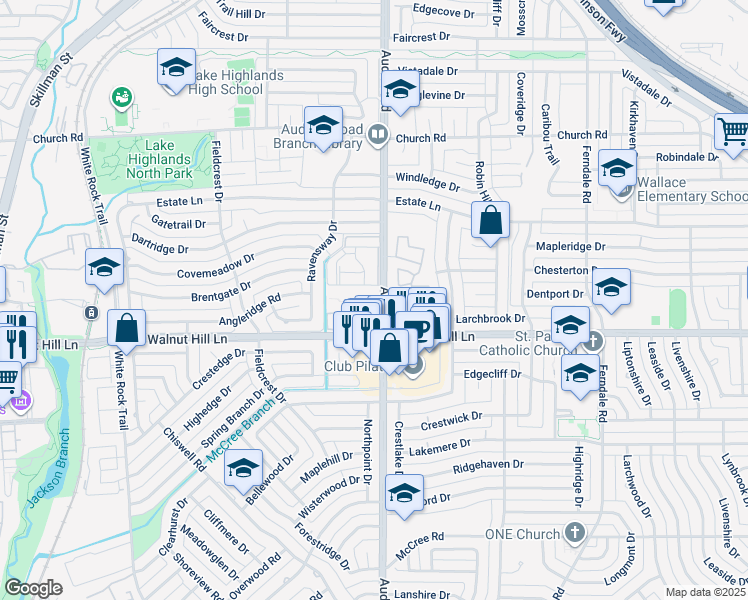 map of restaurants, bars, coffee shops, grocery stores, and more near 9763 Audelia Road in Dallas