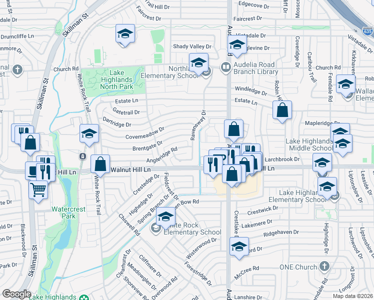 map of restaurants, bars, coffee shops, grocery stores, and more near 9656 Angleridge Road in Dallas