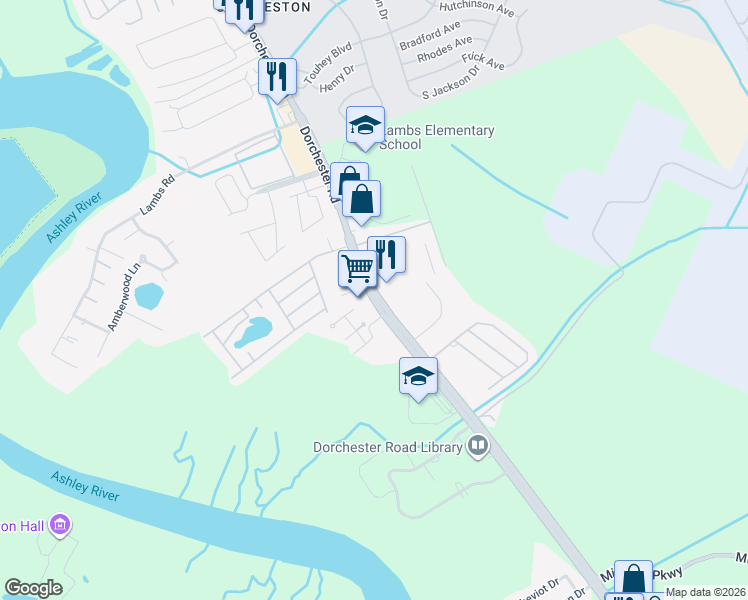 map of restaurants, bars, coffee shops, grocery stores, and more near 6600 Dorchester Road in North Charleston
