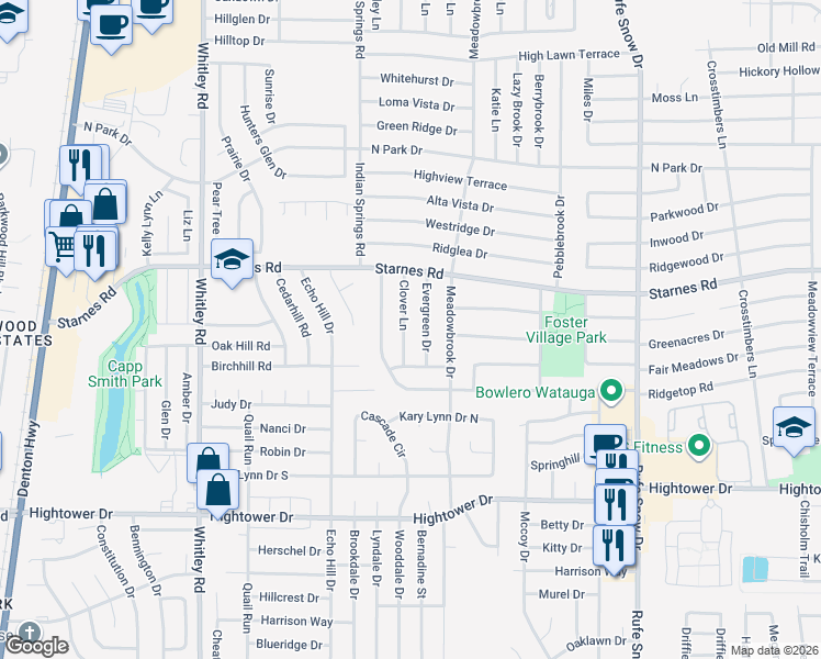 map of restaurants, bars, coffee shops, grocery stores, and more near 7521 Evergreen Drive in Watauga