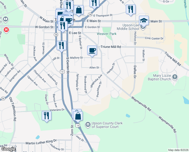 map of restaurants, bars, coffee shops, grocery stores, and more near 406 Brookwood Drive in Thomaston