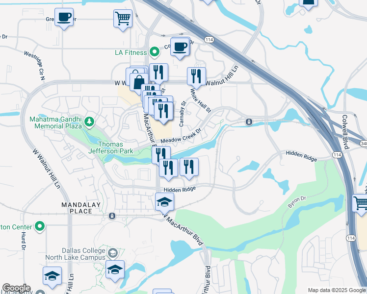 map of restaurants, bars, coffee shops, grocery stores, and more near 1000 Meadow Creek Drive in Irving