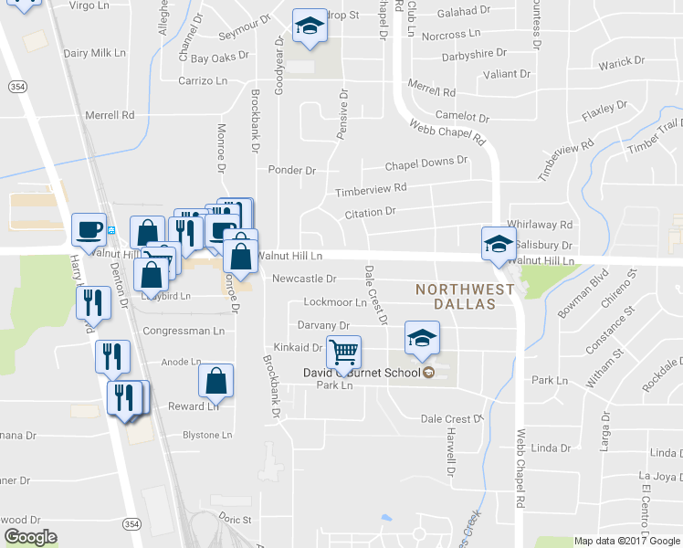map of restaurants, bars, coffee shops, grocery stores, and more near 3081 Newcastle Drive in Dallas