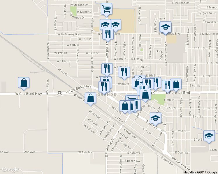 map of restaurants, bars, coffee shops, grocery stores, and more near 323 W 8th St in Casa Grande