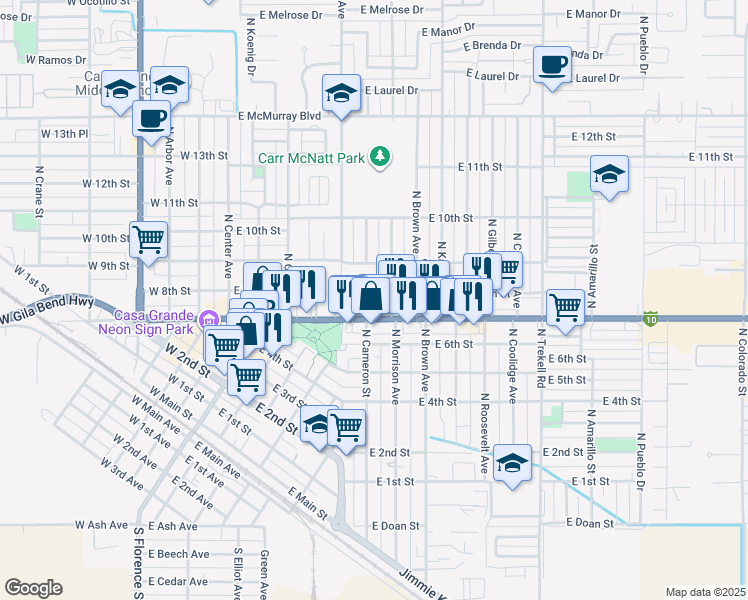 map of restaurants, bars, coffee shops, grocery stores, and more near 490 East Florence Boulevard in Casa Grande