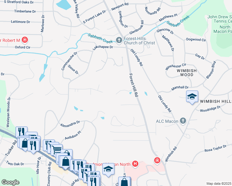 map of restaurants, bars, coffee shops, grocery stores, and more near 724 Forest Hill Road in Macon