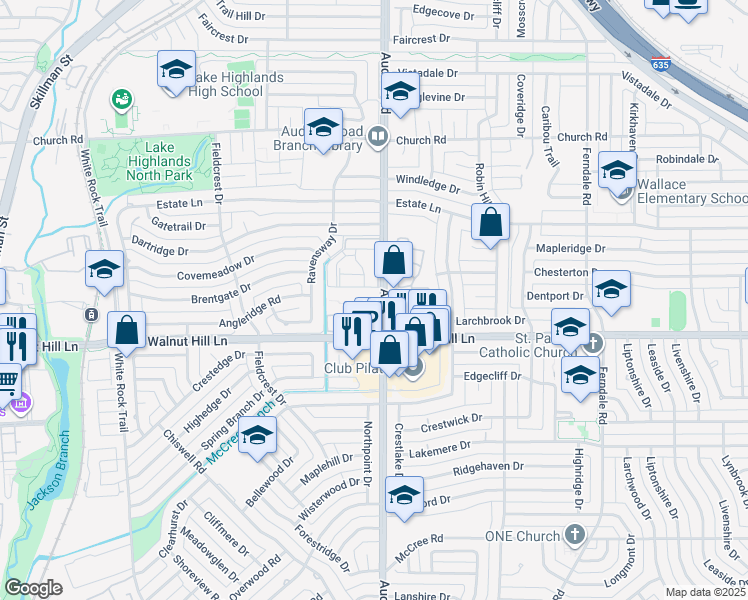 map of restaurants, bars, coffee shops, grocery stores, and more near 9763 Audelia Road in Dallas