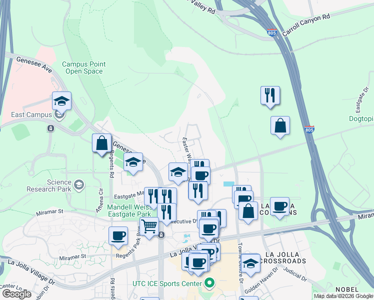 map of restaurants, bars, coffee shops, grocery stores, and more near Easter Way in San Diego