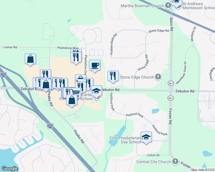 map of restaurants, bars, coffee shops, grocery stores, and more near 5881 Zebulon Road in Macon
