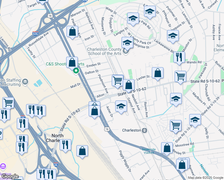 map of restaurants, bars, coffee shops, grocery stores, and more near 1917 Alton Street in North Charleston