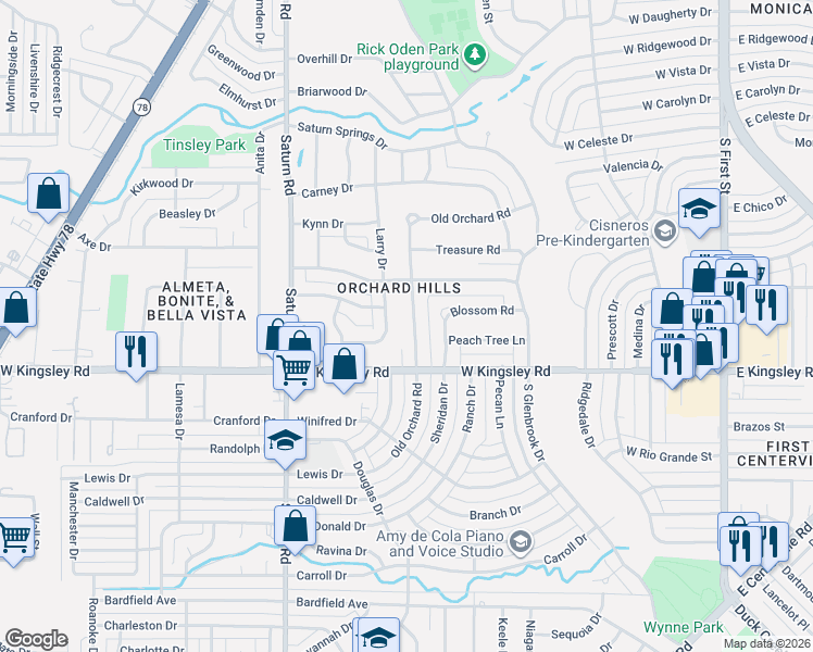 map of restaurants, bars, coffee shops, grocery stores, and more near 2929 Old Orchard Road in Garland