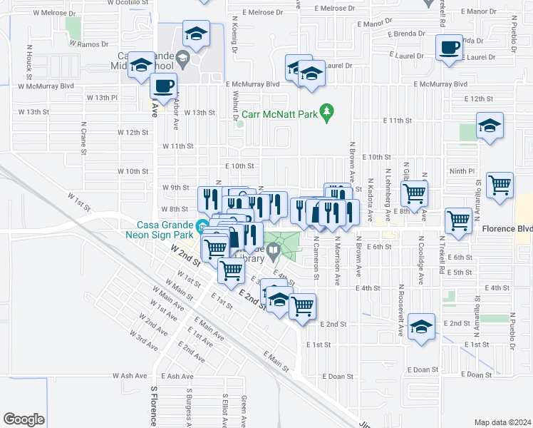 map of restaurants, bars, coffee shops, grocery stores, and more near 314 East Florence Boulevard in Casa Grande