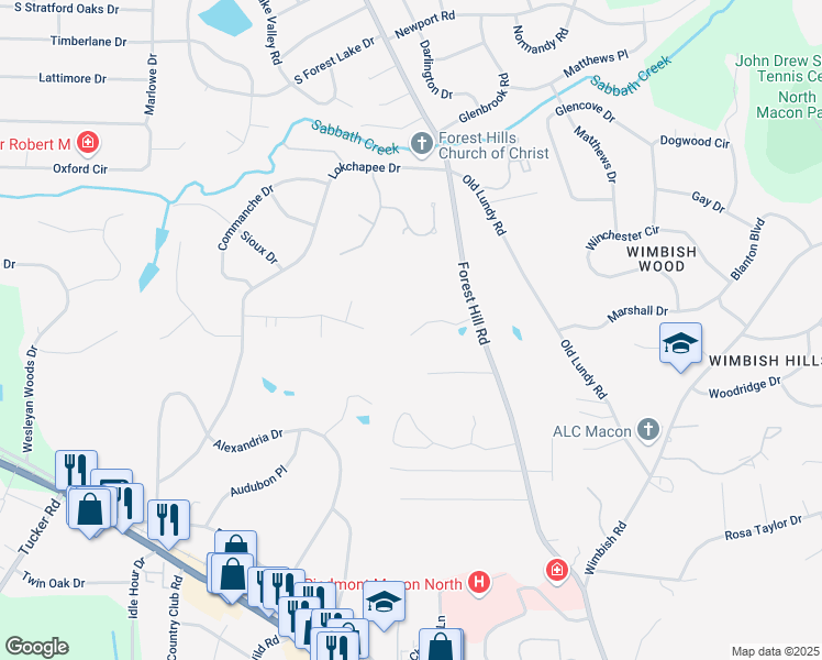 map of restaurants, bars, coffee shops, grocery stores, and more near 724 Forest Hill Road in Macon