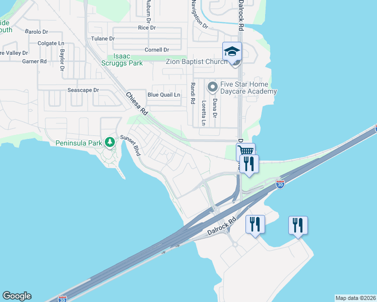 map of restaurants, bars, coffee shops, grocery stores, and more near 413-437 Cooke Drive in Rowlett