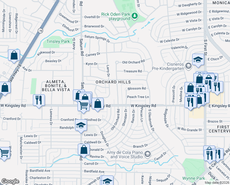 map of restaurants, bars, coffee shops, grocery stores, and more near 2929 Old Orchard Road in Garland