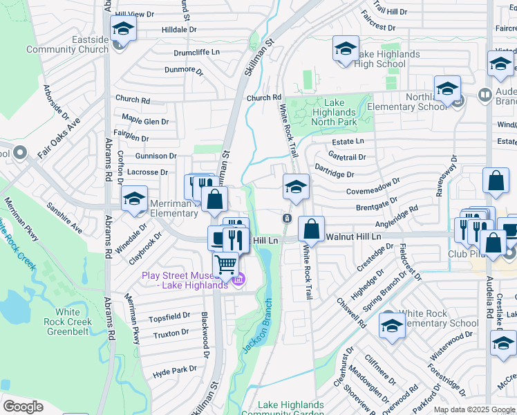 map of restaurants, bars, coffee shops, grocery stores, and more near Whistle Stop Place in Dallas