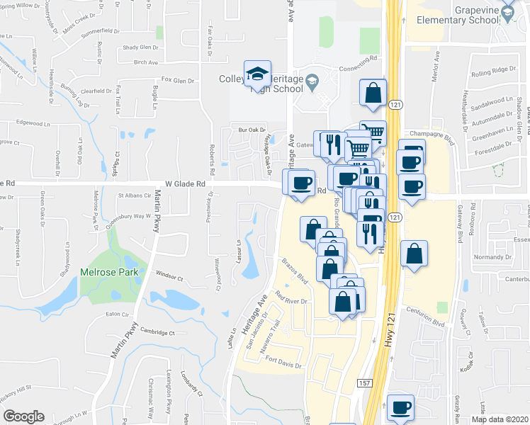 map of restaurants, bars, coffee shops, grocery stores, and more near 4816 Lafite Lane in Colleyville
