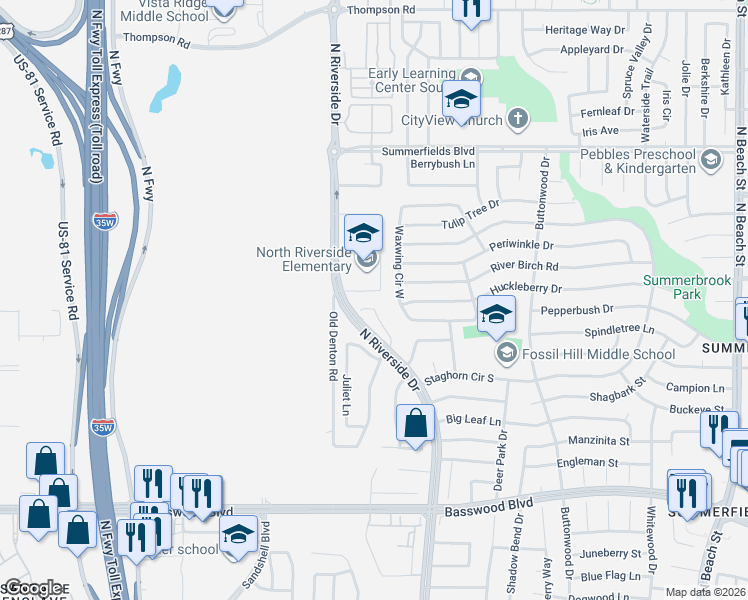 map of restaurants, bars, coffee shops, grocery stores, and more near 7636 Brittany Place in Fort Worth