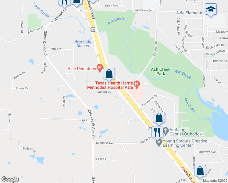 map of restaurants, bars, coffee shops, grocery stores, and more near 107 Sandra Drive in Azle