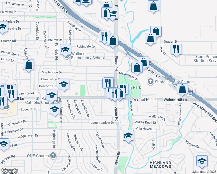 map of restaurants, bars, coffee shops, grocery stores, and more near 9715 Plano Road in Dallas