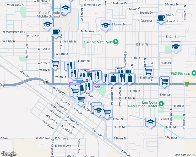 map of restaurants, bars, coffee shops, grocery stores, and more near 317 East 8th Street in Casa Grande