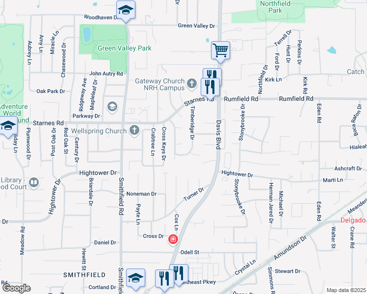 map of restaurants, bars, coffee shops, grocery stores, and more near 7221 Timberidge Drive in North Richland Hills