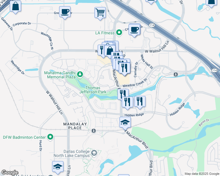 map of restaurants, bars, coffee shops, grocery stores, and more near 5313 North MacArthur Boulevard in Irving