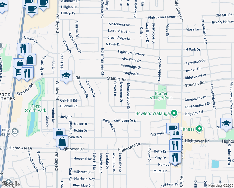 map of restaurants, bars, coffee shops, grocery stores, and more near 7521 Evergreen Drive in Watauga