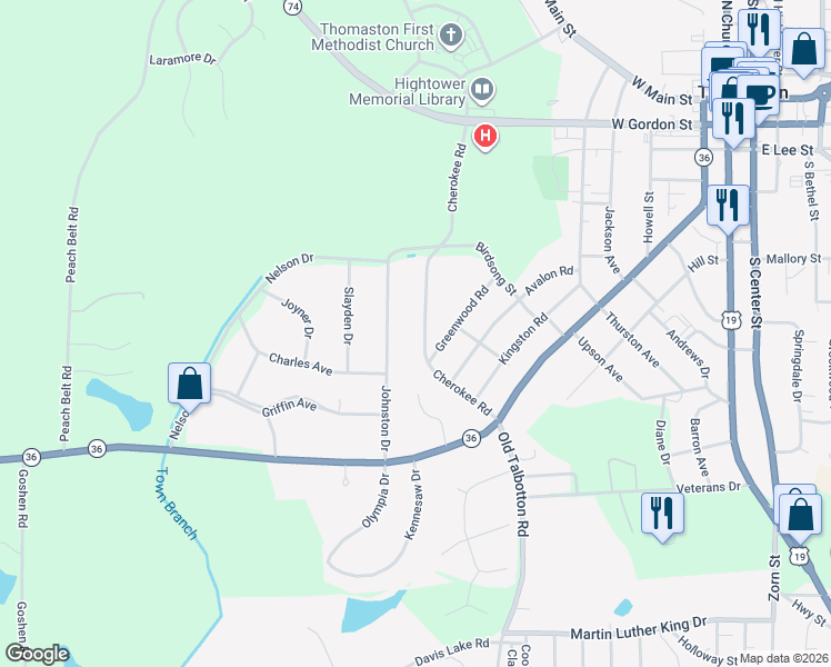 map of restaurants, bars, coffee shops, grocery stores, and more near 316 Cherokee Road in Thomaston