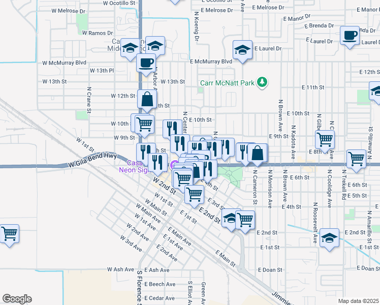map of restaurants, bars, coffee shops, grocery stores, and more near 110 East Florence Boulevard in Casa Grande