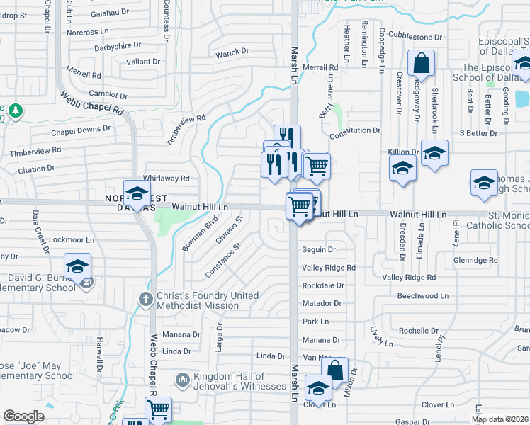 map of restaurants, bars, coffee shops, grocery stores, and more near 9932 Glenrio Lane in Dallas