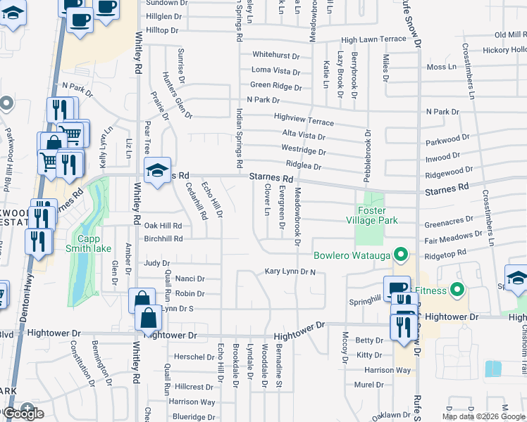 map of restaurants, bars, coffee shops, grocery stores, and more near 7529 Clover Lane in Watauga