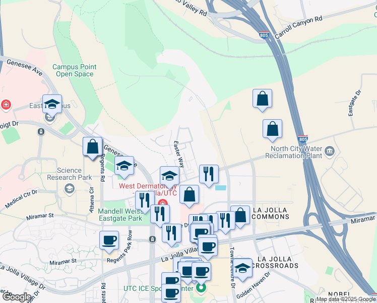 map of restaurants, bars, coffee shops, grocery stores, and more near 9575 Easter Way in San Diego