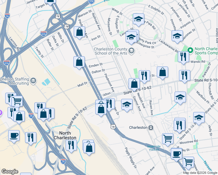 map of restaurants, bars, coffee shops, grocery stores, and more near 2006 Alton Street in North Charleston
