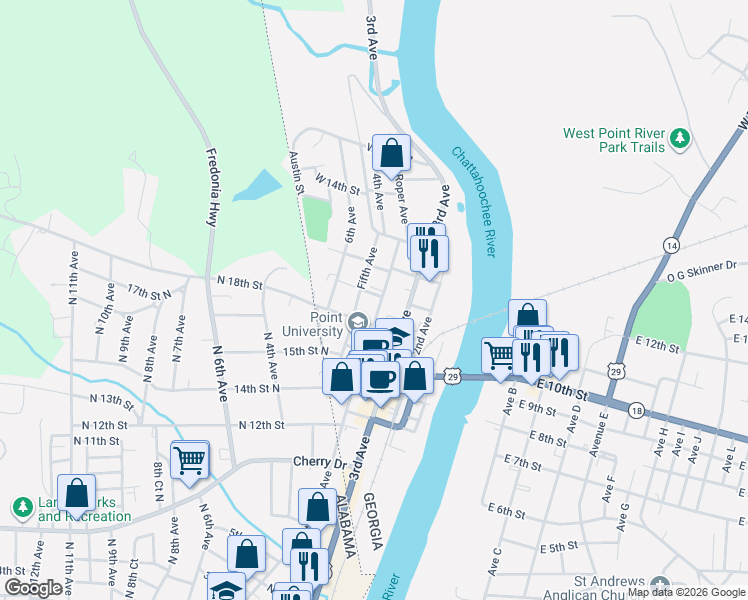 map of restaurants, bars, coffee shops, grocery stores, and more near 1006 4th Avenue in West Point