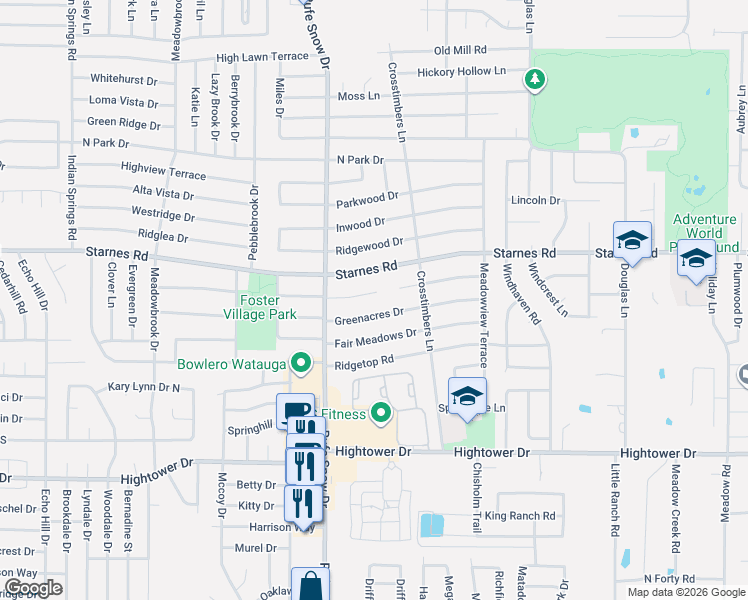 map of restaurants, bars, coffee shops, grocery stores, and more near 6729 Greenacres Drive in Fort Worth