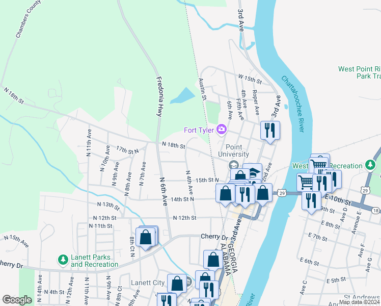 map of restaurants, bars, coffee shops, grocery stores, and more near 213 North 18th Street in Lanett