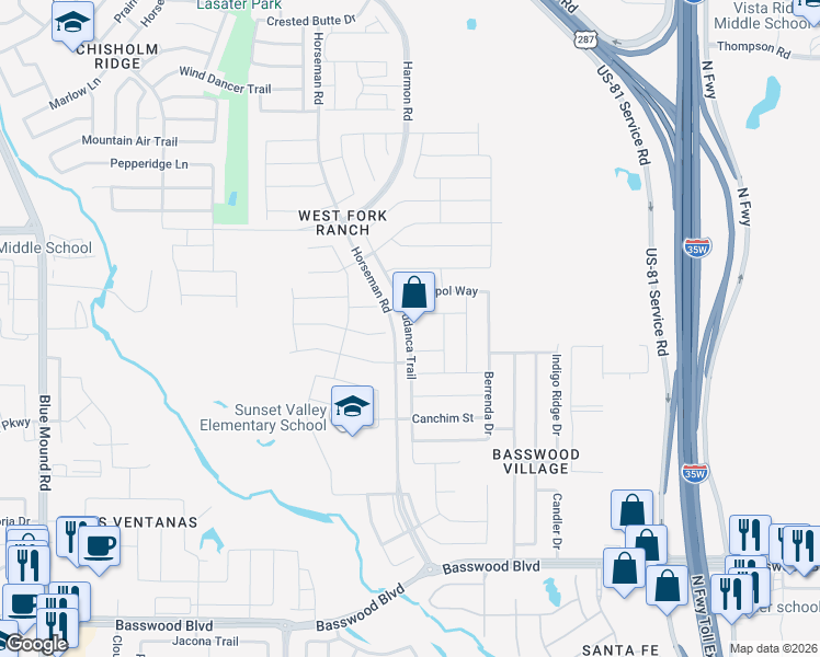 map of restaurants, bars, coffee shops, grocery stores, and more near 7840 Tudanca Trail in Fort Worth