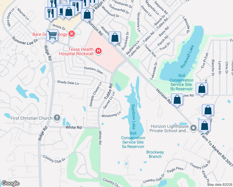map of restaurants, bars, coffee shops, grocery stores, and more near 712 Windsong Lane in Rockwall