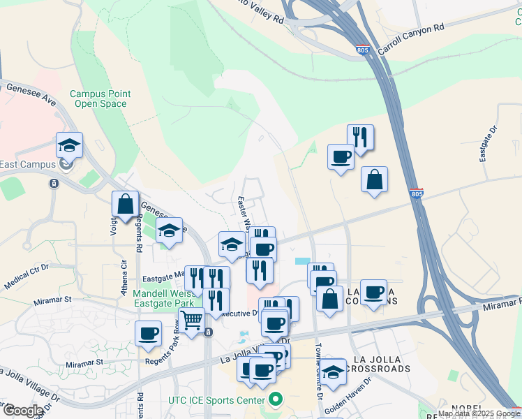 map of restaurants, bars, coffee shops, grocery stores, and more near 9575 Easter Way in San Diego