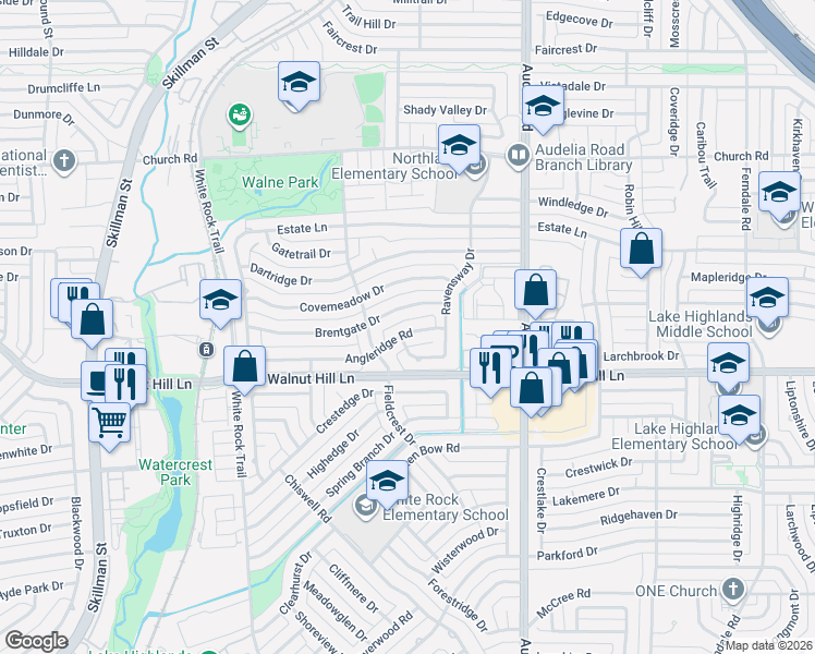 map of restaurants, bars, coffee shops, grocery stores, and more near 9620 Angleridge Rd in Dallas