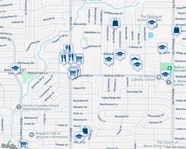 map of restaurants, bars, coffee shops, grocery stores, and more near 3822 Walnut Hill Lane in Dallas
